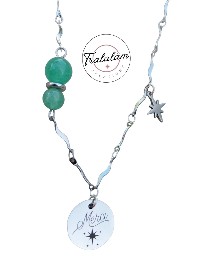 ✨Collier argenté MERCI chaîne torsadée perles jade✨