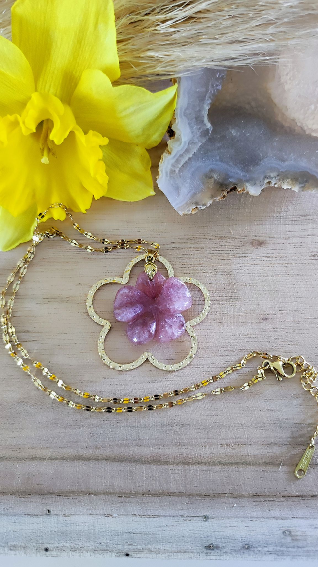 Collier "Flower" Quartz fraise