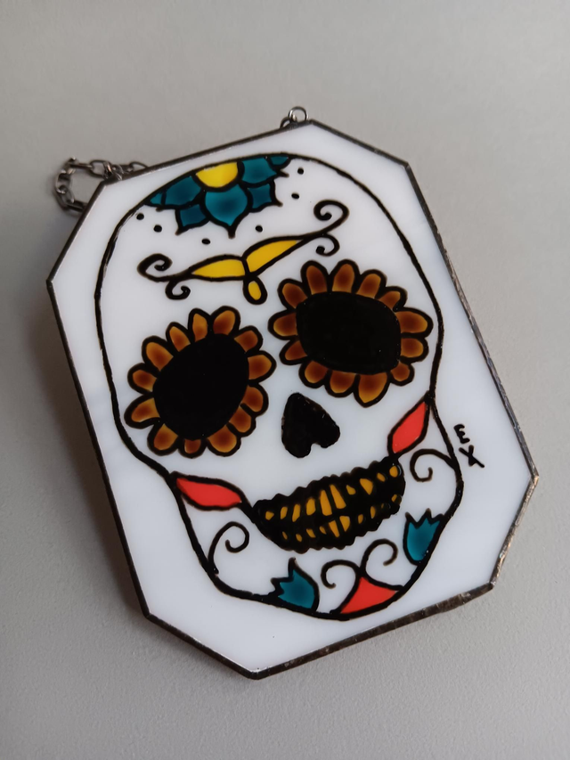 Stained glass Day of the Dead skulls