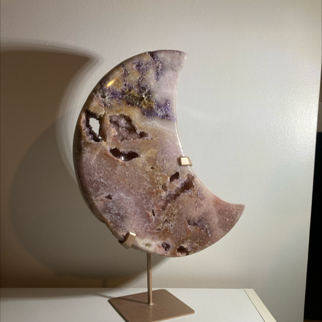 Pink Amethyst Druzy Large Moon on stand