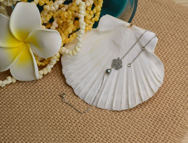 Bracelet 18,5 cm argent rhodié médaillon hibiscus - petit keshi