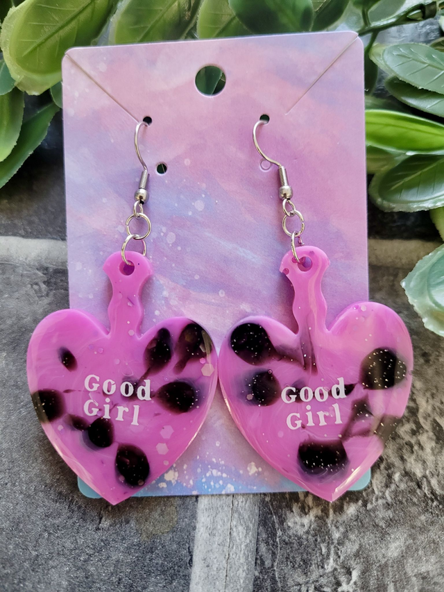Earrings | Good Girl Heart Paddle Earrings - Pink and Black Swirl Glitter  | Stainless Steel Hooks