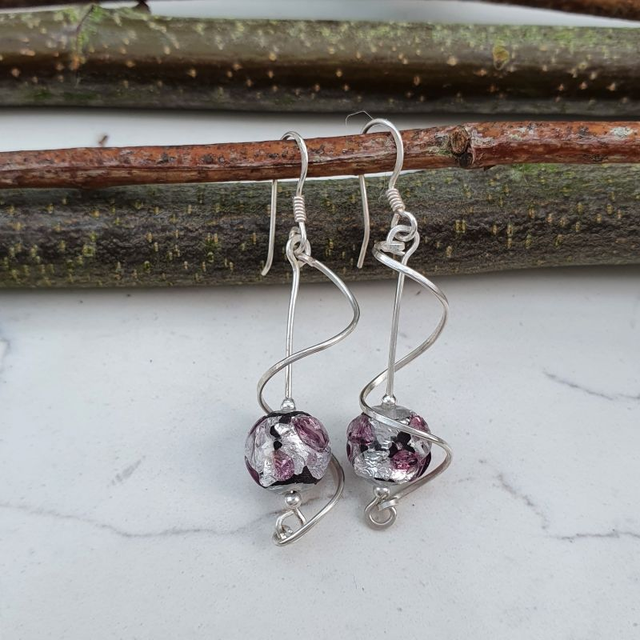 Twirly purple glass beaded earrings 328eo 