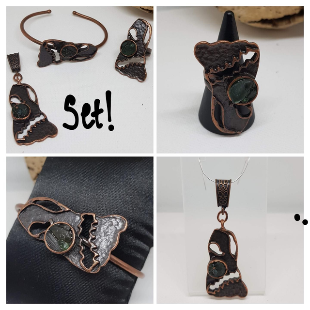 Set: Copper and Seaglass Bangle, Ring and Pendant