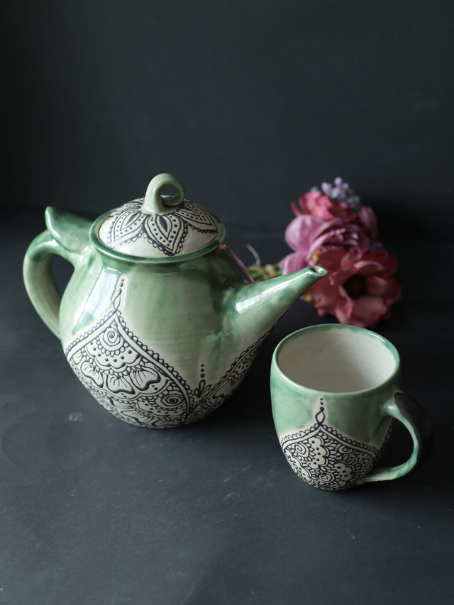 XL 2 Liter Teapot, one-of-a-kind, green mandala