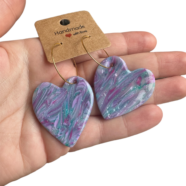 Purple Multi Large Heart Polymer Clay Earrings