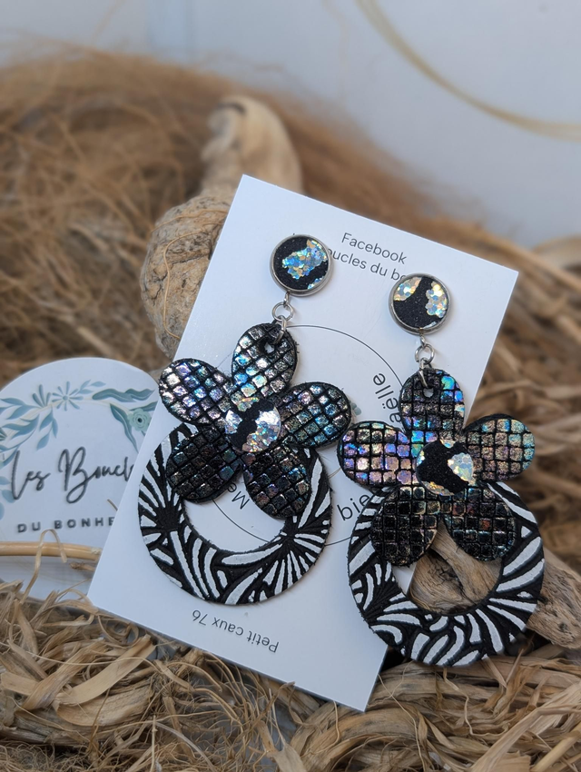 Boucles d'oreilles baby Marguerite holographique noir blanc li005