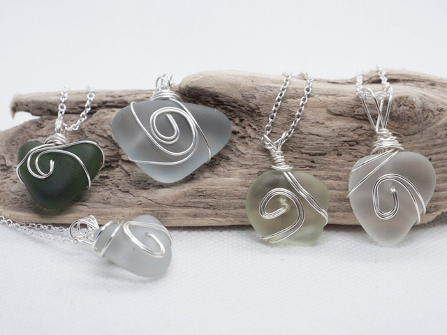Wire wrapped sea glass pendants, with sterling silver plated chain