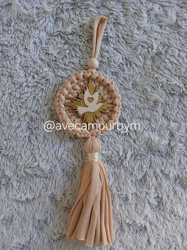 🌸 Décoration murale en crochet marron avec colombe en bois – fait main