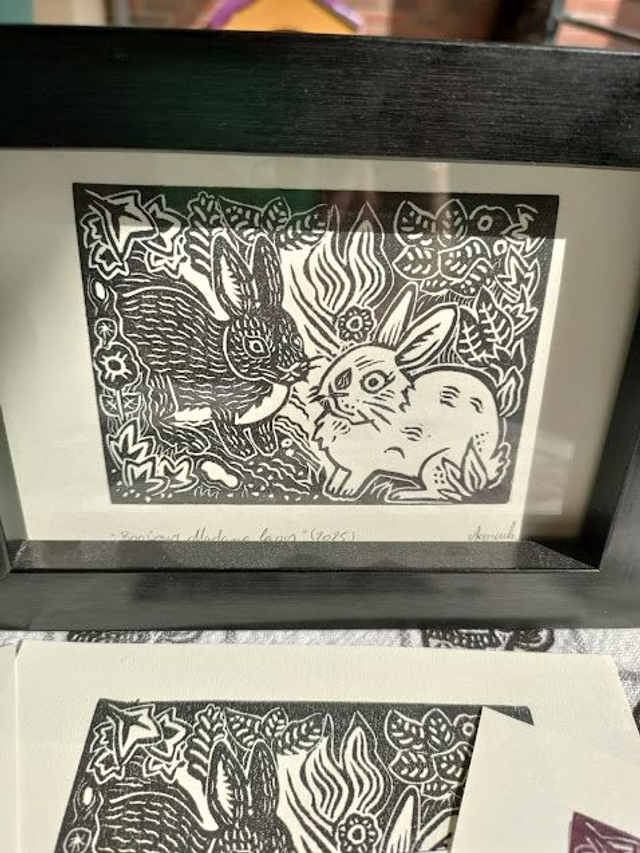 Linogravure/tampon Bonjour Madame lapin" lapins sauvage format 10X14.5 cm
