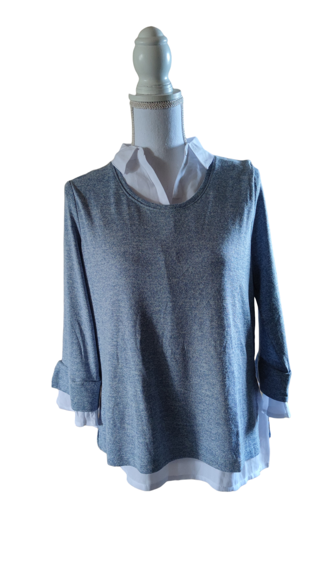 Pull 2 en 1 bleu et blanc manches 3/4 taille M (Zavanna)