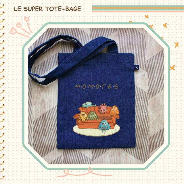 Tote-bag en jeans illustré d'une bande de momotes ! 
