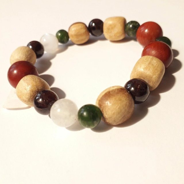 Chrome Diopside, Moonstone, Garnet, Coral &amp; Palo Santo Bracelet 