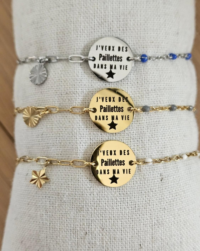 Bracelet chaîne &quot;j&#039;veux des paillettes dans ma vie &quot;