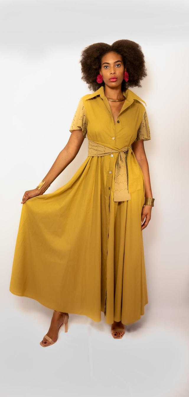 Robe chemise coton jaune moutarde