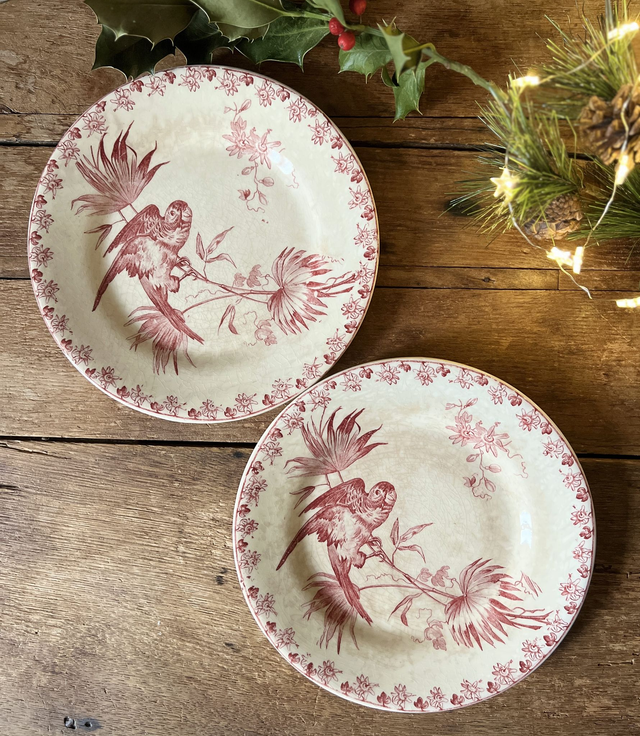 ** LOT RESERVE ** PERRUCHE - Lot de 2 assiettes à dessert signées Gien - Terre de Fer