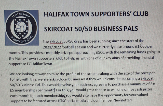 Fundraising Skircoat 50/50 Business Pals 12 draw membership