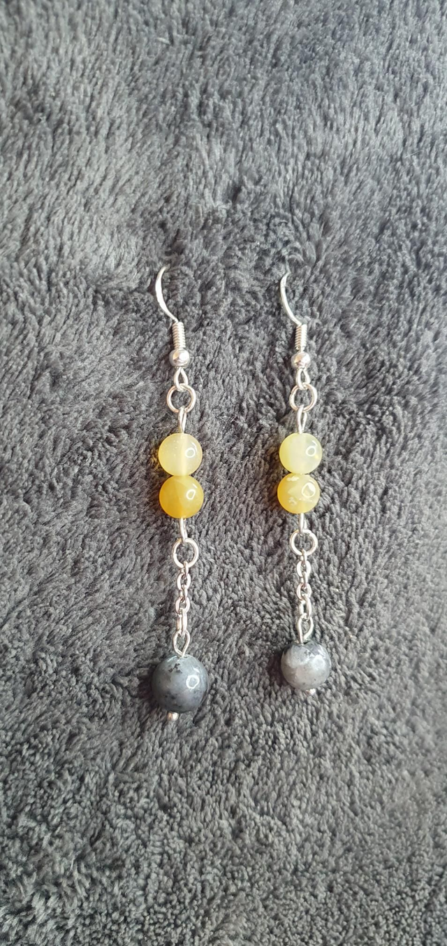 Boucles d'oreilles en Opale jaune et Larvikite 