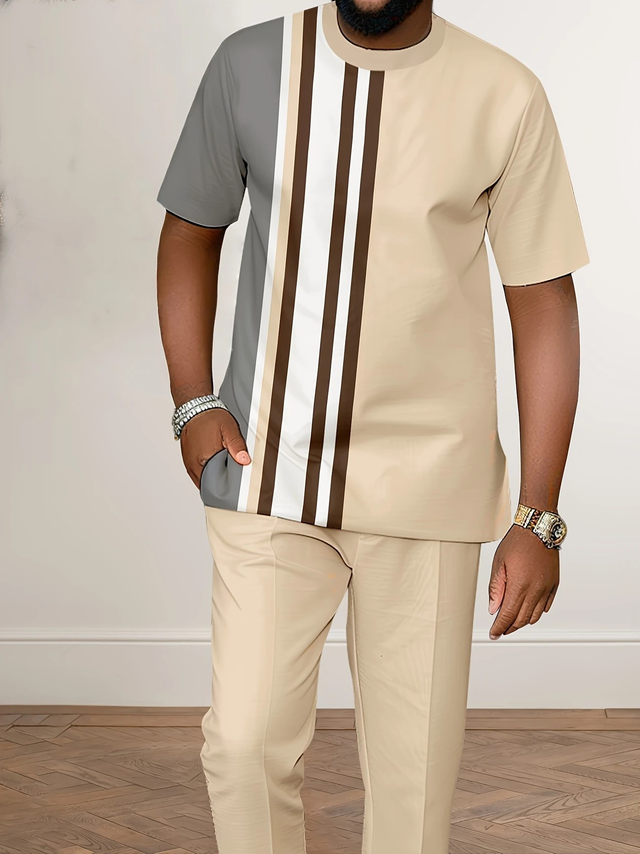 Men's Round Neck Short Sleeve T-Shirt and Long Pants Summer Casual Set