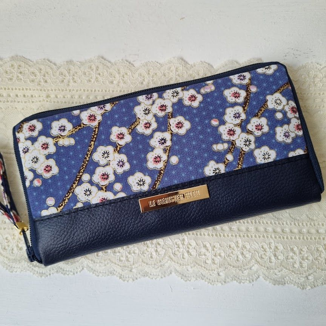 Portefeuille long zippé "Haruka" bleu & simili cuir bleu marine