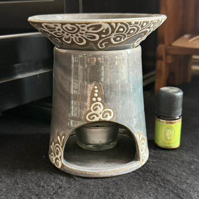 Ceramic Aroma Lamp, Essential Oil Burner Mandala Design , Handcrafted Stoneware, silvery grey purple white