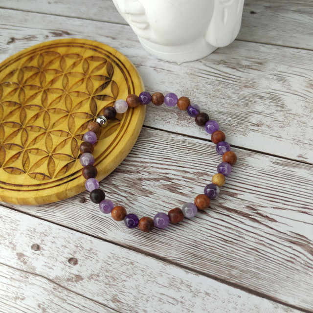 Bracelet lithothérapie &quot;Améthyste et Bois&quot; 