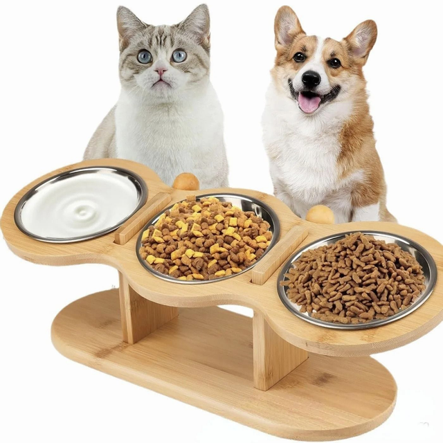 Cat 3 Bowls in 1 Feeder Feeding &amp; Watering Supplies Food Bowl 15-Degree Tilt Raised Puppy 3 Stainless Steel Bowls Wood Brackets