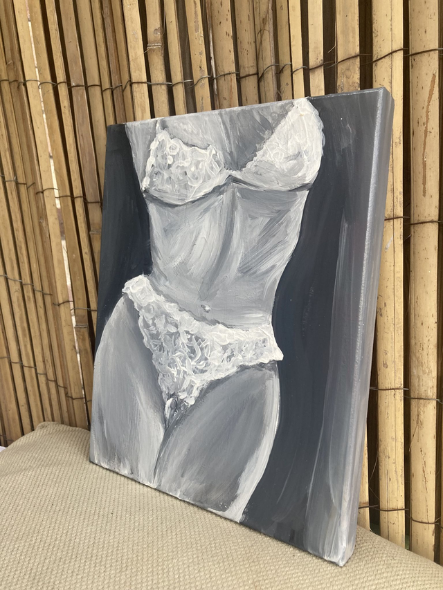 Origineel schilderij “Vrouw in Lingerie”  vrouw sexy kant artistiek shades of grays Krista Kitsz Acryl op hout klein kunstwerk handgemaakt