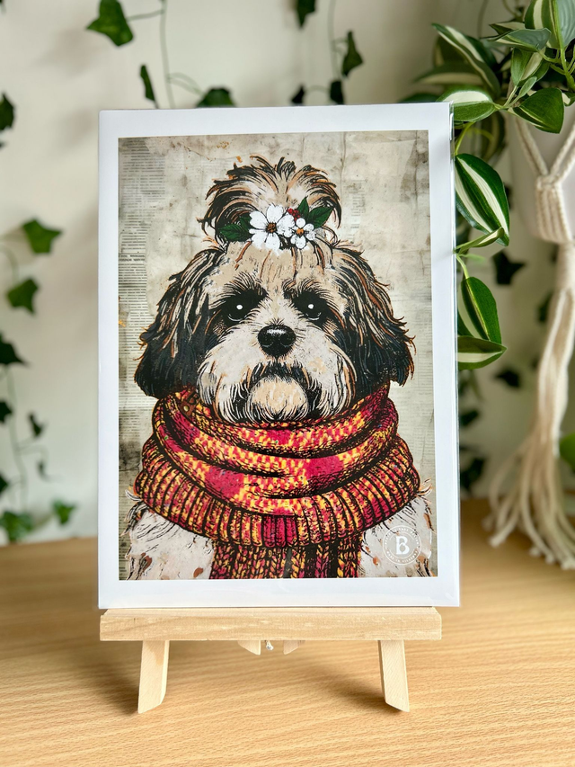 Shih Tzu Dog In Floral Mixed Media Art Print A4