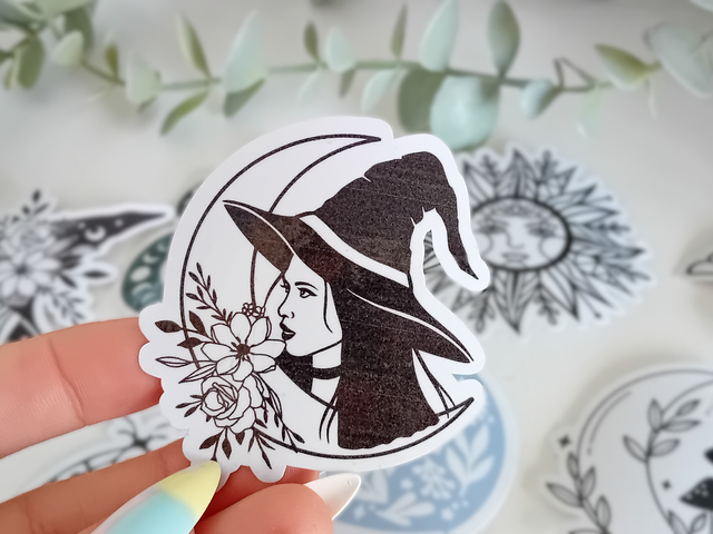 Sticker Holographique Waterproof - sorcière et sa lune