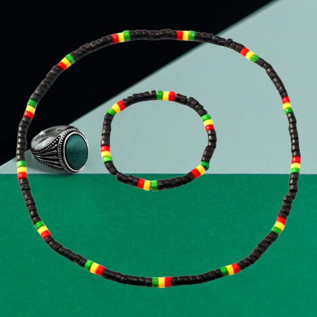 Black Beaded Necklace & Bracelet Set – Red, Yellow & Green Accents | Fashion & Accessories
