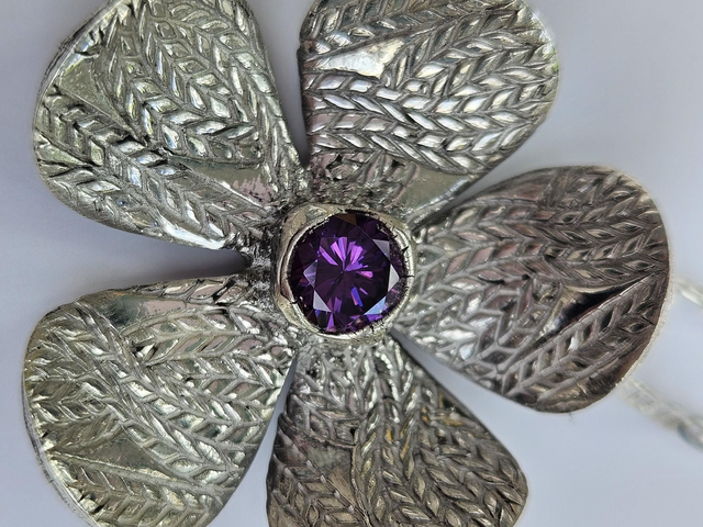 Large flower wheat design pendant with amethyst cubic zirconia 