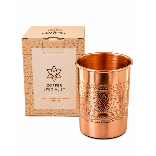 Gobelet en cuivre pur (100 %) avec bordure à motif floral – 300 ml | 125 g (Modèle lourd haut de gamme).
