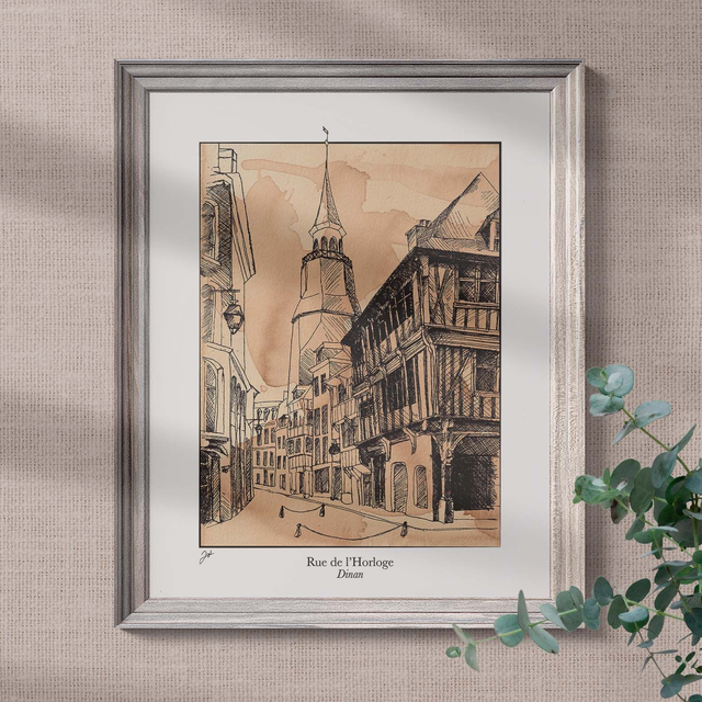 Affiche 40x50 - Café - Dinan, Rue de l'Horloge