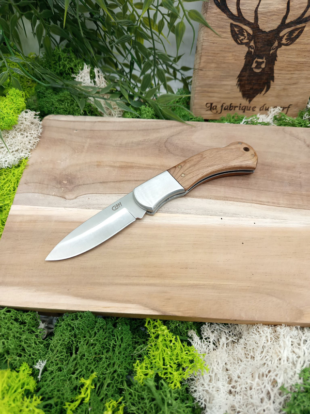 Couteau pliant HERBERTZ – Lame inox 420, manche inox & bois pacca, clip ceinture