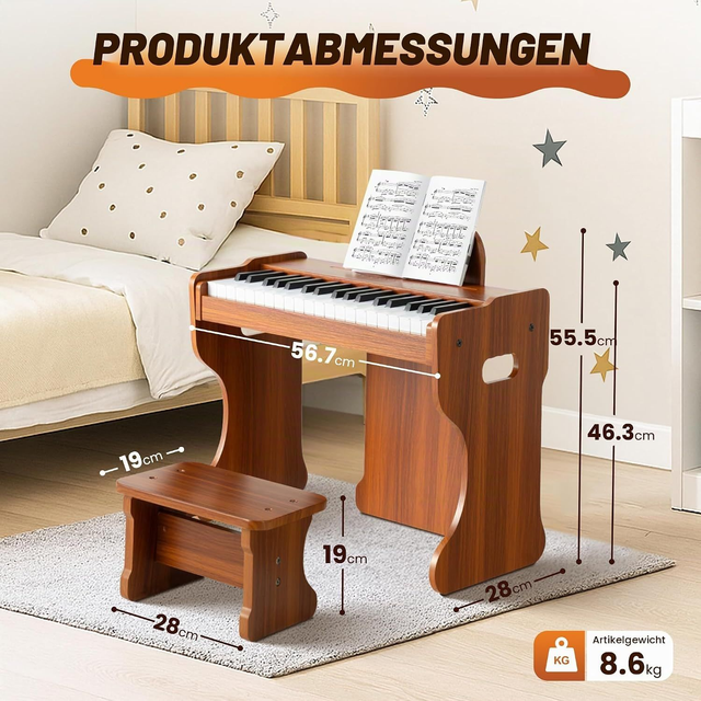 Holz Keyboard mit 37 Tasten, Klavier für Kinder Digitalpiano Instrument ab 3 Jahren