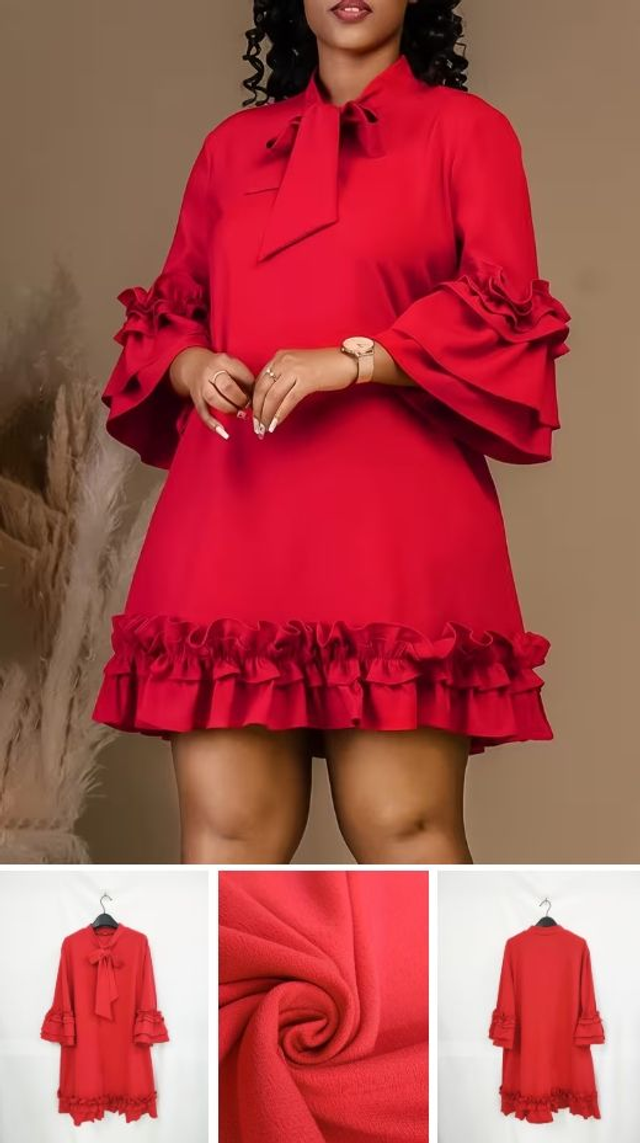 Plus Size Solid Tie Neck Dress