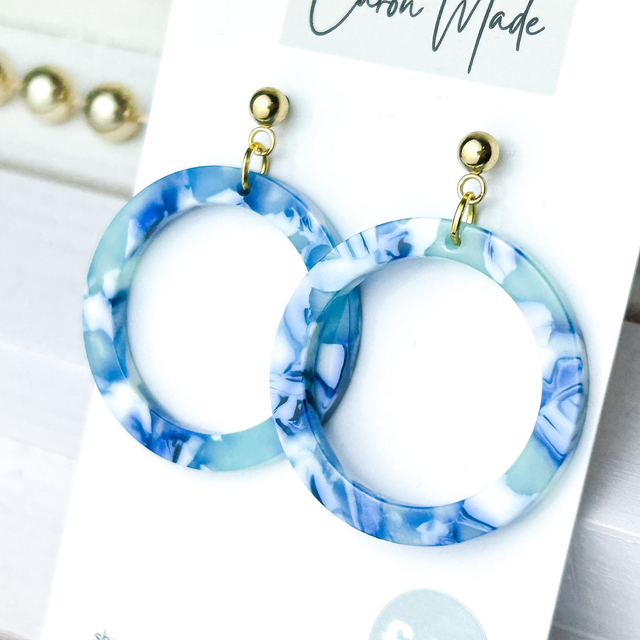 Blue and white acrylic circle shape earrings