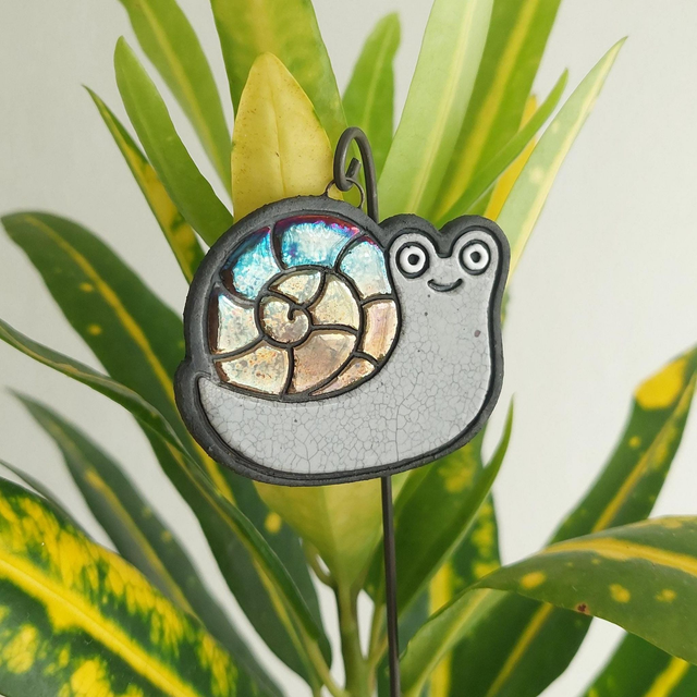 Ceramic Snail Plant Stake - Iridescent Garden Decor - Raku Ornament