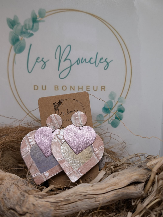 Boucles d&#039;oreilles Double coeur  rose argenté dc075