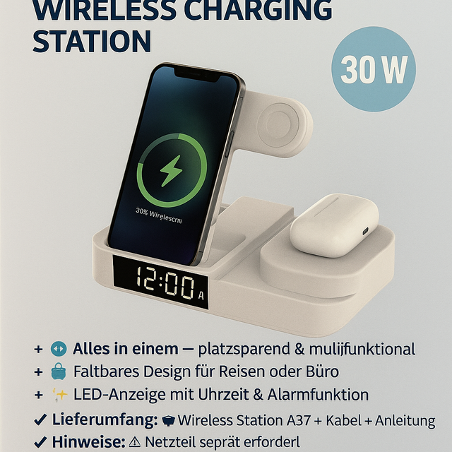 🔌 4-in-1 Faltbare Wireless Charging Station A37 – 30 W,"