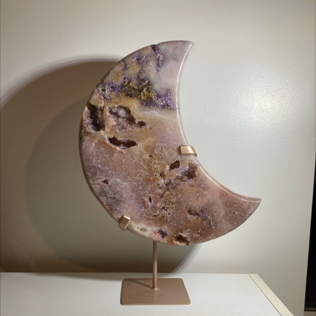 Pink Amethyst Druzy Large Moon on stand