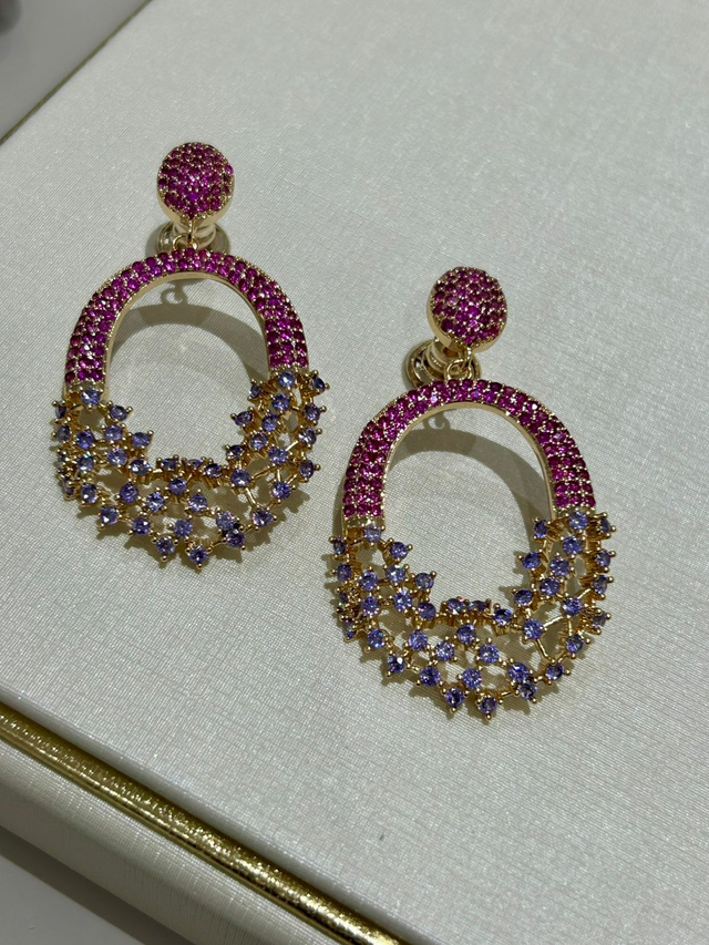 BRINCO CRAVAÇÃO CHUVA DE PRATA LAVANDA OURO 18K PINK