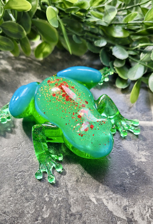 Frog Ornament – Green and Blue Glitter with Red Glitter