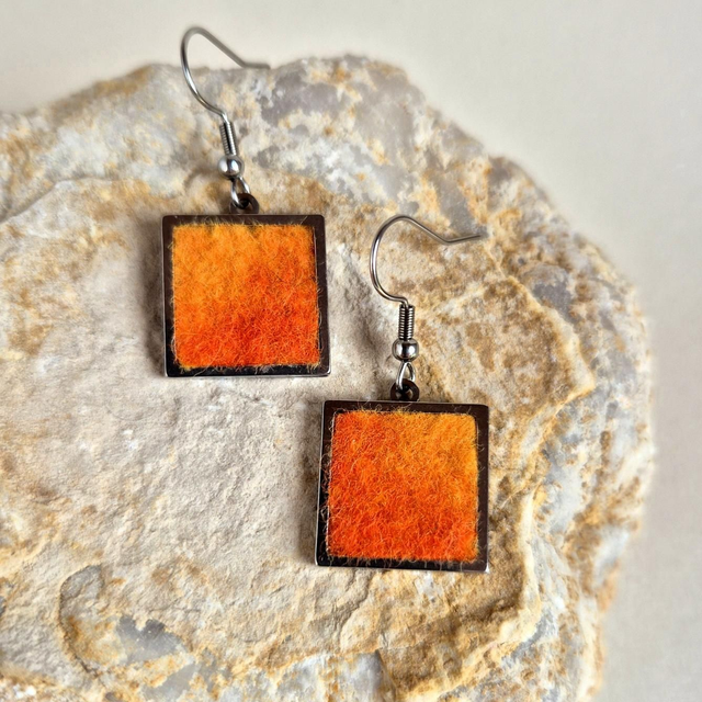 Merino Wool Dangle Earrings, Orange