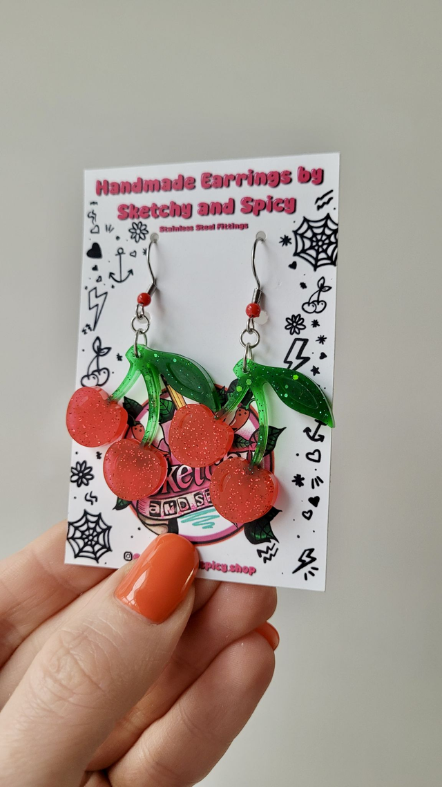 Earrings | Cherries - Red &amp; Green glitter cherry earrings | Stainless Steel Hooks