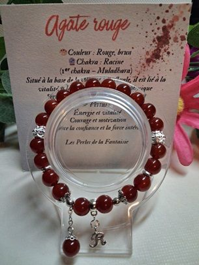 Bracelet en Agate Rouge + carte chakra incluse