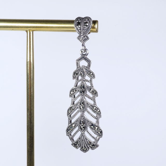 Pair of Elegant Sterling Silver 925 Art Nouveau Style Long Marcasite Gemstone Petal Leaf Floral Heart Geometric Design Drop Dangle Earrings
