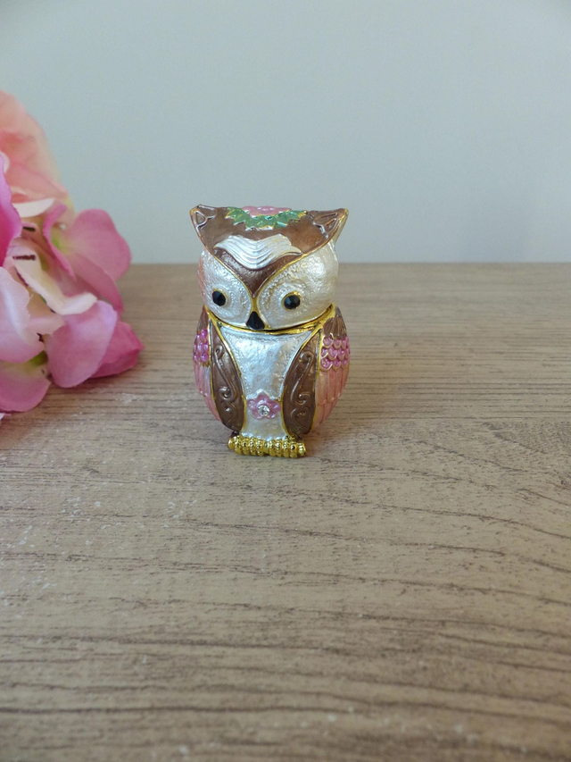 Pilulier Boite à Bijoux Miniature Boite à Secrets Articulée Chouette Hibou en Métal Emaillé avec Strass Vintage, Hibou Porte Bonheur Déco