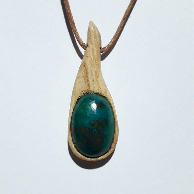 Chrysocolla Necklace With Hand Carved Palo Santo Wood  (1)